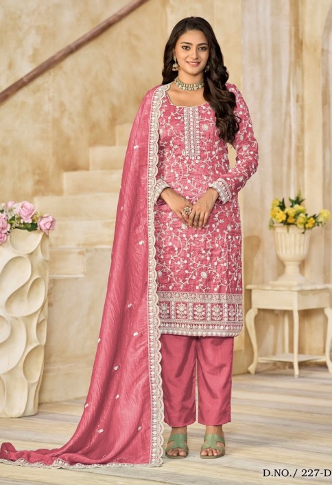 Crush Straight Suit with Embroidered Work in Salmon